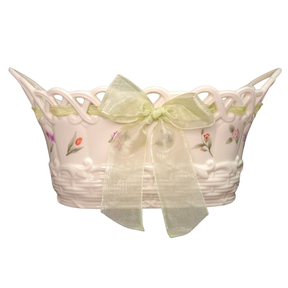 Lenox Posy Baskets Cream‎ Floral Design Green Ribbon 9.5" 6249304